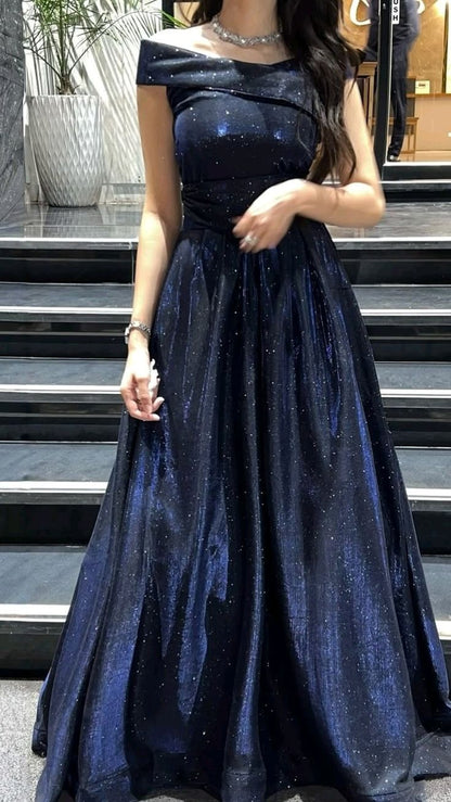 A Line Dark Navy Off-The-Shoulder Long Train Prom Dress Inspo Prom Gown AB1033