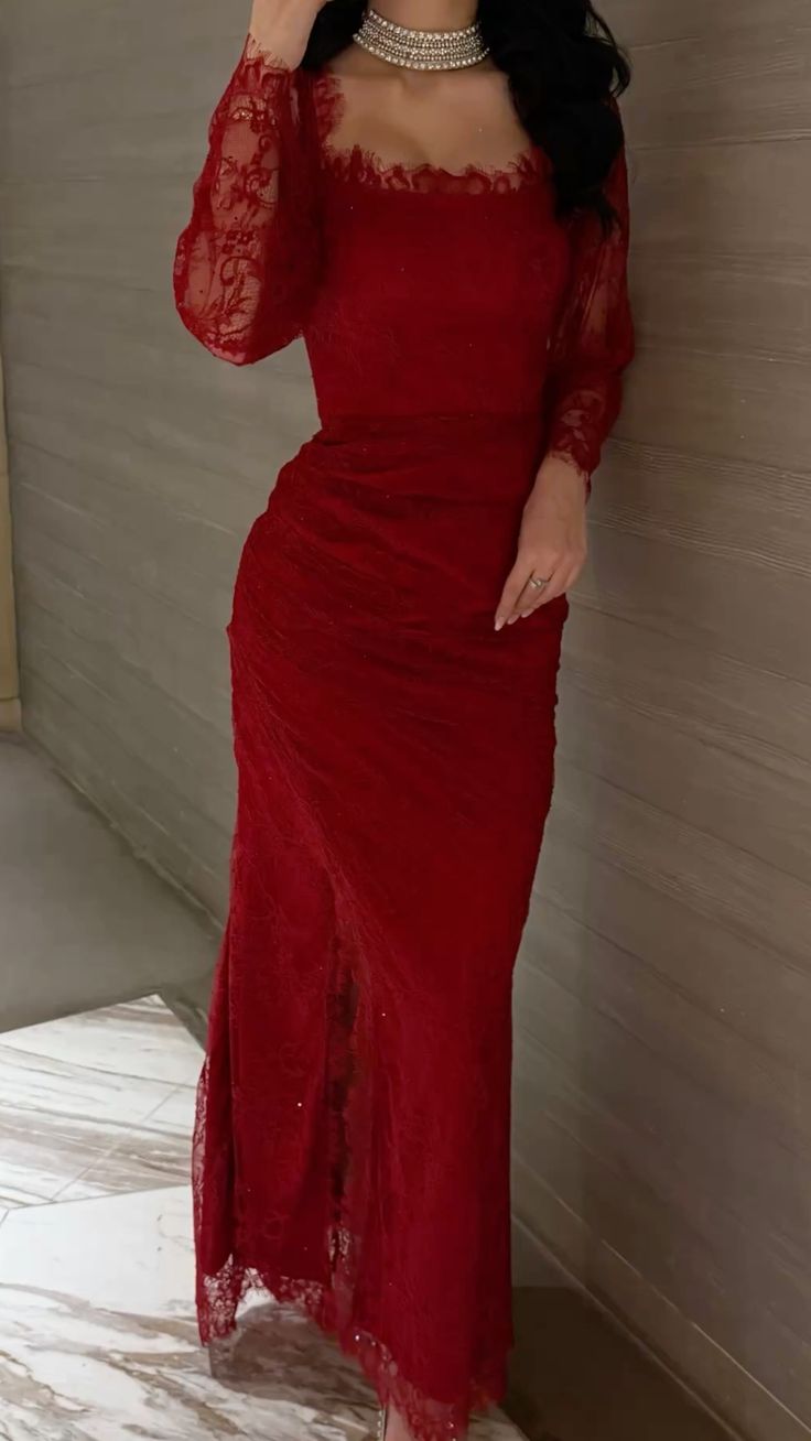 Modest Mermaid Square Neck Red Long Sleeves Lace Prom Dresses Party Dress 21st Birthday Outfits Graduation Dress AB1326