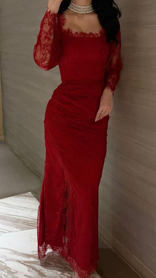 Modest Mermaid Square Neck Red Long Sleeves Lace Prom Dresses Party Dress 21st Birthday Outfits Graduation Dress AB1326