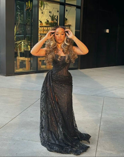 Sparkly Strapless Navy Blue Long Party Dress Prom Dresses Sequin Mermaid Bodycon For Women N4092