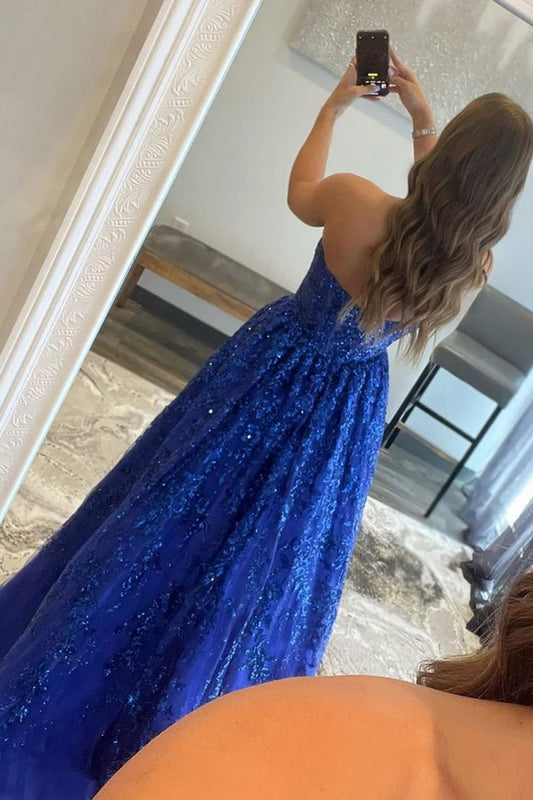 A line Royal Blue Sequined Lace Long Prom Dress with Pockets Formal Evening Gowns AB499
