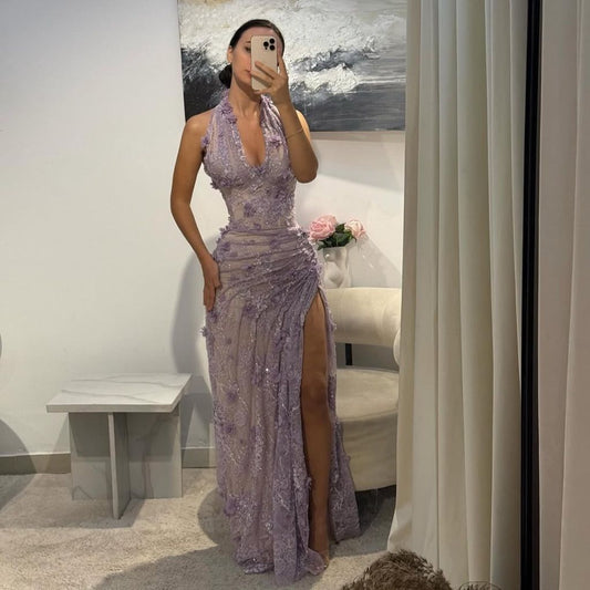 Stunning Lavender Gown With A Halter Neckline Mermaid Prom Dresses 2026 Formal Evening Gowns AB495