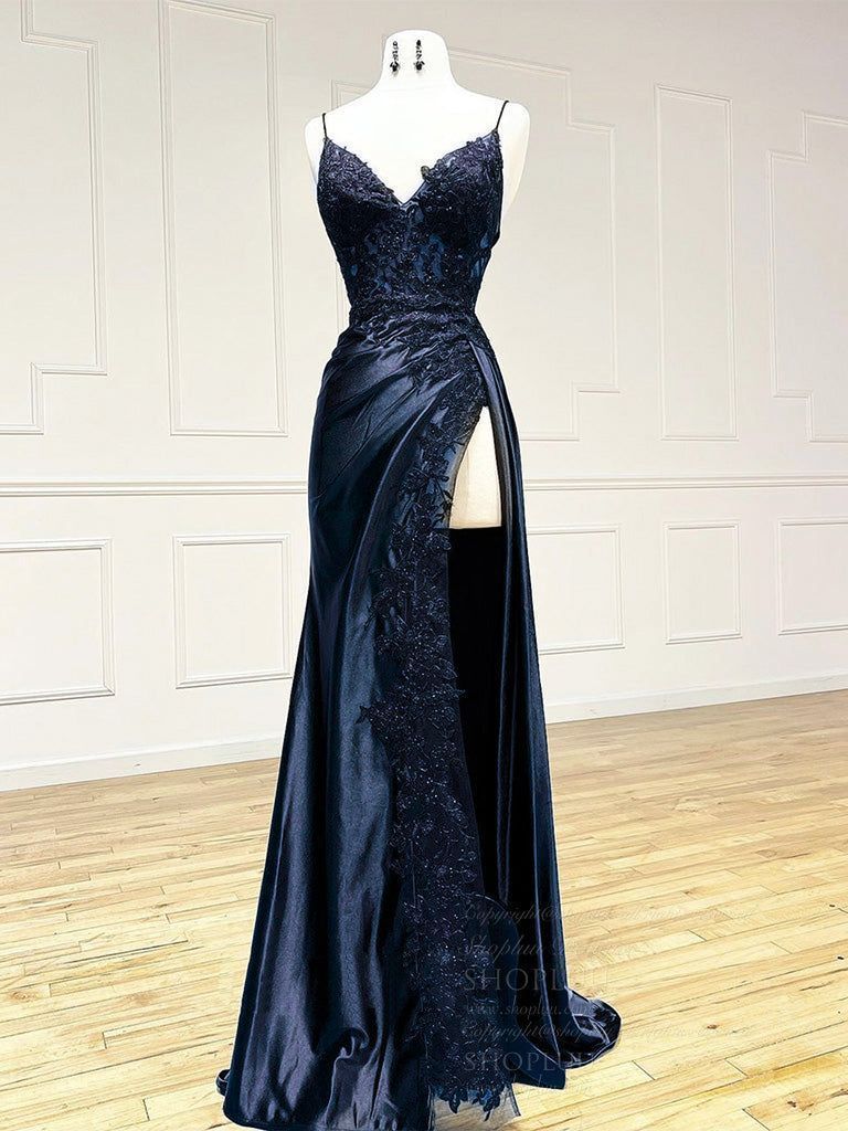 Classy Spaghetti Straps Mermaid Wine Red V Neck Satin Lace Long Prom Dresses Formal Dress AB138