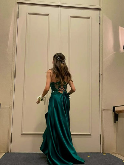 Modest A line Spaghetti Strap Dark Green Satin Prom Dresses Long for Women Formal Evening Gown AB162