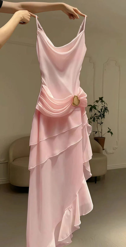 Modest Mermaid Spaghetti Strap Ivory Chiffon Party Dress Pleated Prom Dresses AB143