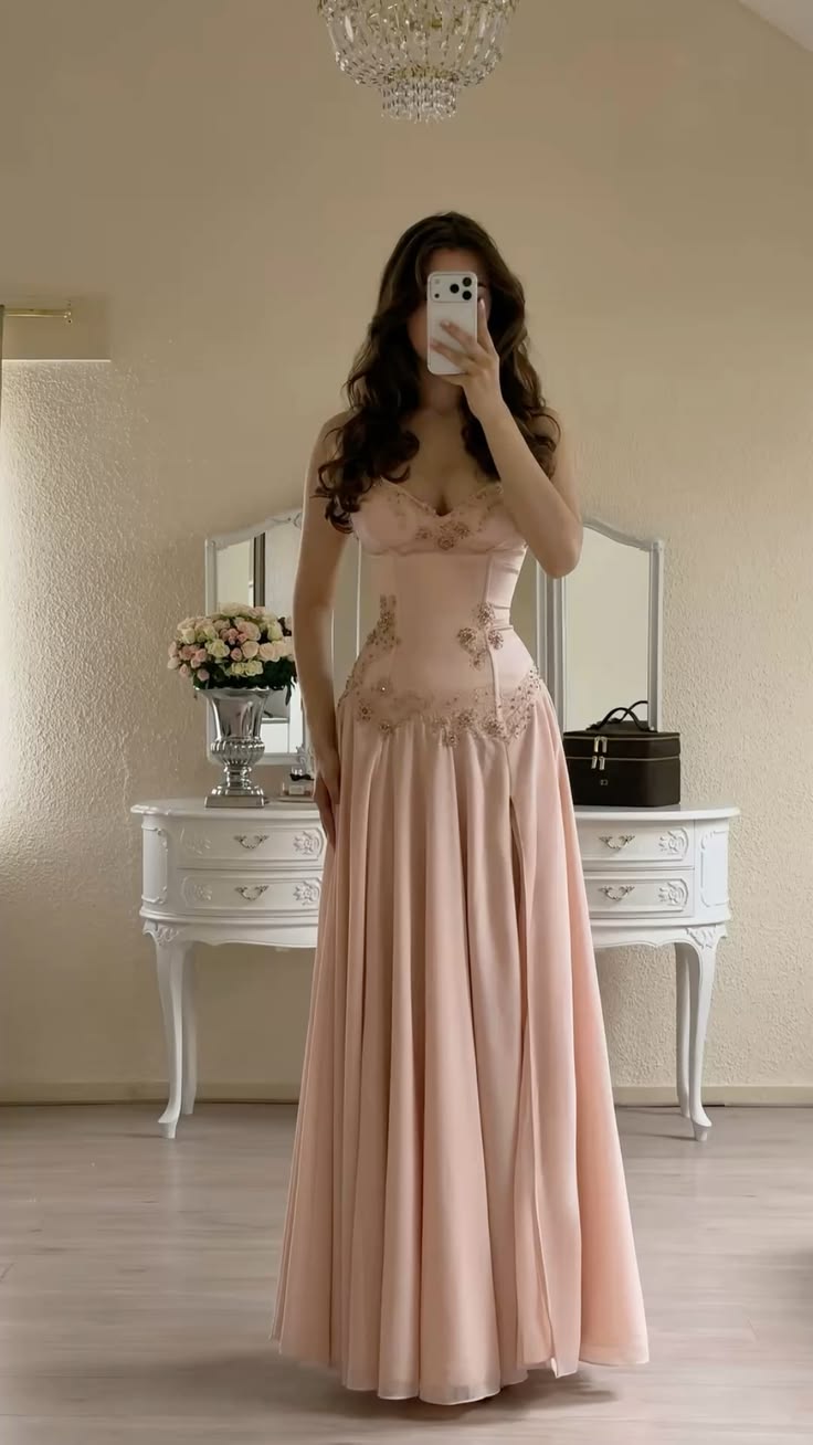 Aesthetic Princess Pink Prom Dress Fairytale A line Spaghetti Straps Slit Long Formal Dresses RC1348