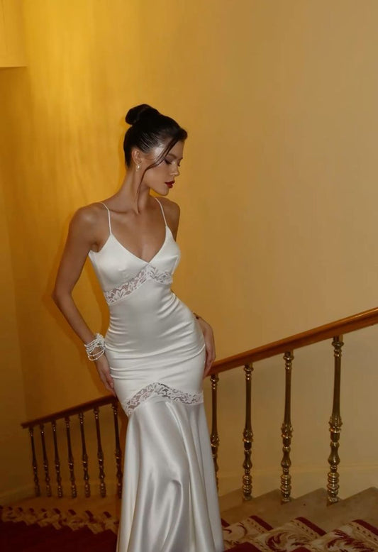 Modest Night Aesthetic Mermaid Spaghetti Straps White Satin College Formal Outfit Long Prom Graduation Dresses For Teens N1128
