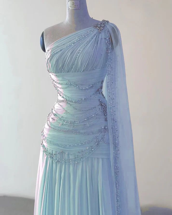 A Line One Shoulder Pink Chiffon Evening Gown Prom Dresses N2392