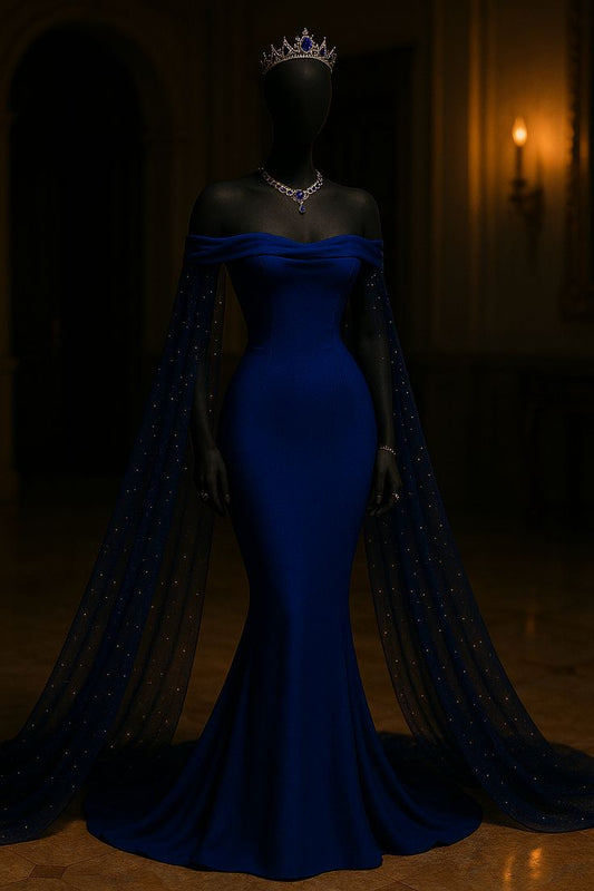 Modest Mermaid Off The Shoulder Marine Ball Dresses Long Formal Gowns Royal Blue Sequin Prom Dresses Evening Gowns AB805