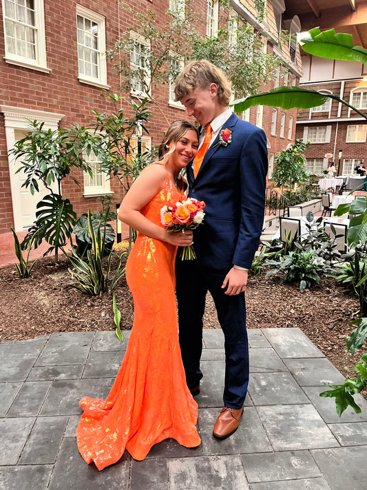 Modest Mermaid V Neck Orange Sequins Prom Dresses Inspo Formal Dress Party Outfits Prom Gowns AB101