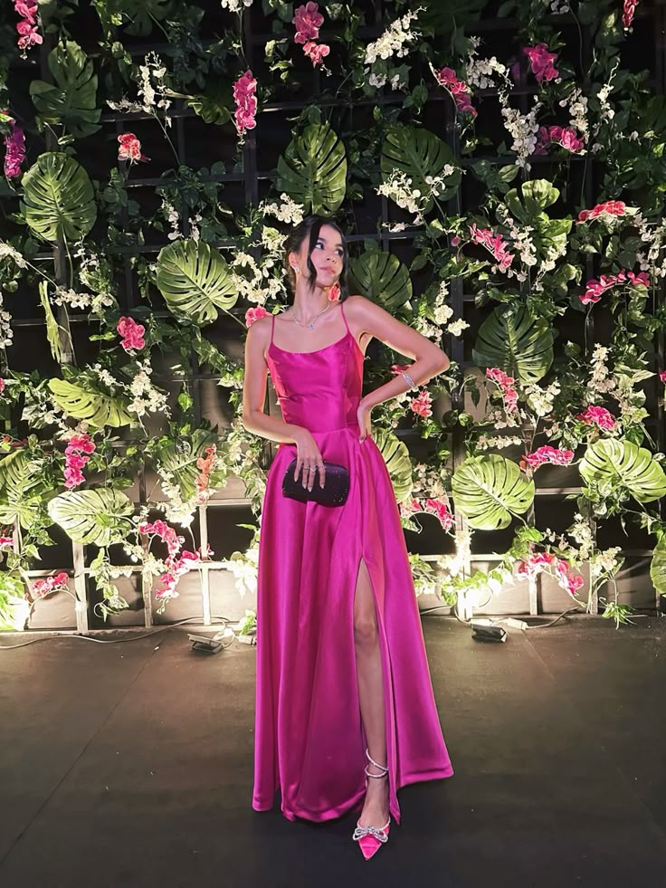 Cheap A line Spaghetti Strap Hot Pink Satin Slit Long Prom Dresses Formal Gown Inspo Evening Outfits AB808