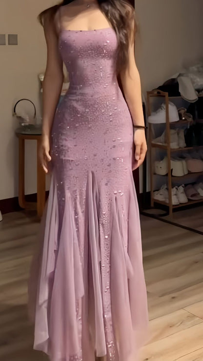 Dusty Rose Sequin Long Prom Dresses Sheath Party Dress AB547