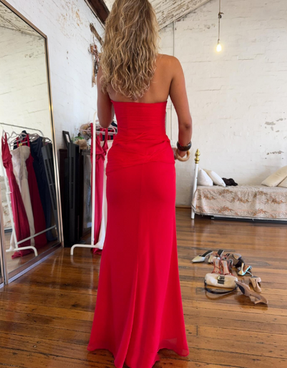 Simple Mermaid Strapless Red Chiffon Summer Spring Inspiration Long Wedding Guest Dress Birthday Outfits N1569