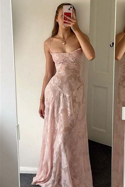 Spaghetti Straps Pink Sheer Lace Long Dress For Teens Prom Dresses AB623