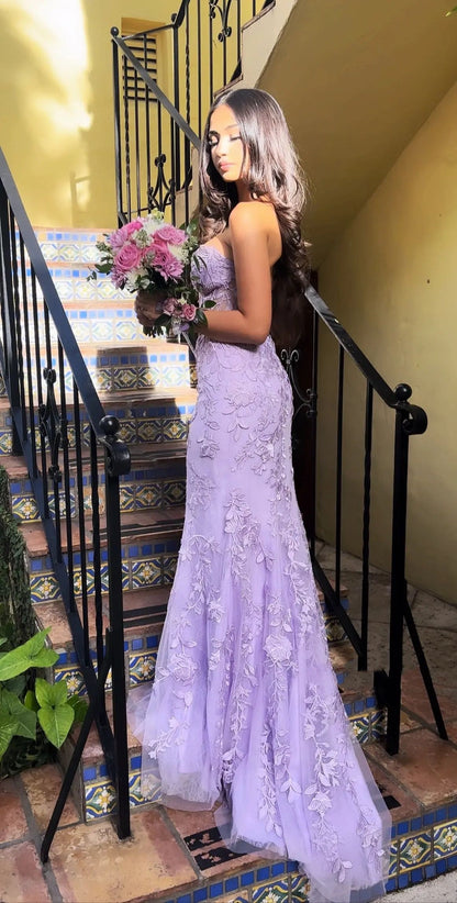 Classy Mermaid Strapless Tulle Lace Appliques Purple formal dresses Evening Prom Dresses AB630