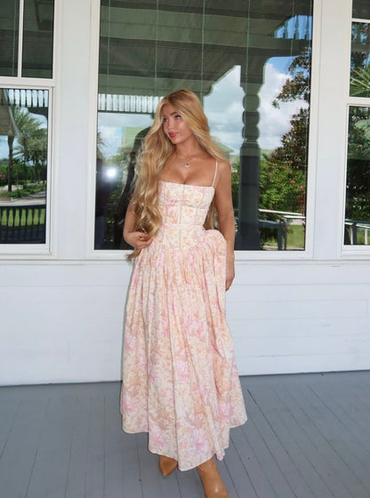 Spaghetti Straps Pink Floral Satin A line Long Formal Party Dress For Teens Prom Dresses AB625