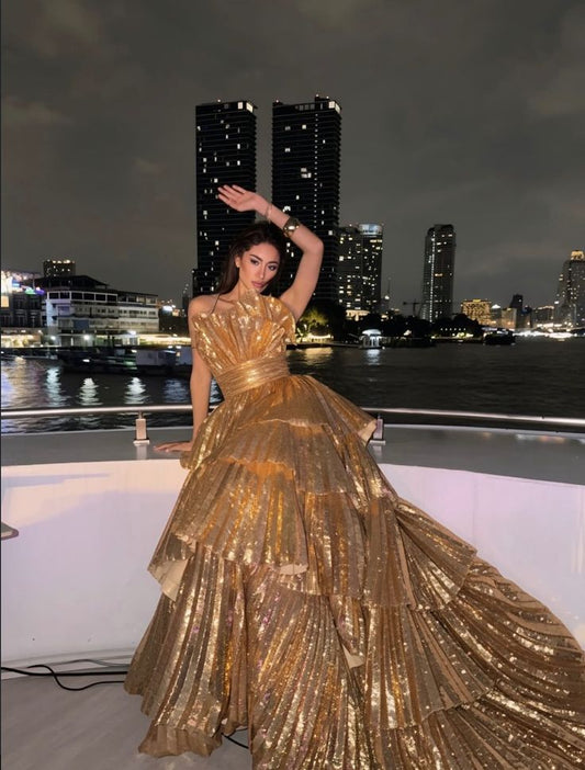 Modest Ball Gown Strapless Gold Layered Prom Dresses Long Sweet 16 Birthday Party Dress Evening Dresses AB1132
