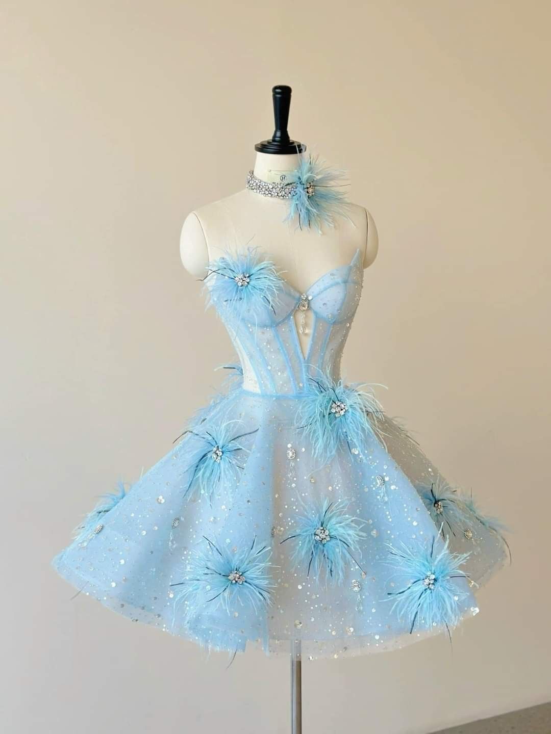 Fancy Ball Gown Sweetheart Light Sky Blue Mini Short Hoco 19th Birthday Dress Homecoming Dresses RB4125