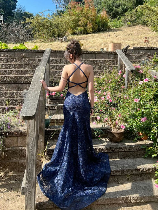 Elegant Mermaid Spaghetti Straps Navy Blue Lace Long Prom Dresses Formal Party Gowns Vestidos De Dia AB563