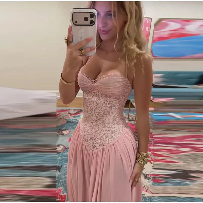 Princess A line Halter Lace Pink Chiffon Perfection-Formal Gown Goals Long Prom Dress Evening Party Formal Outfits RB6730
