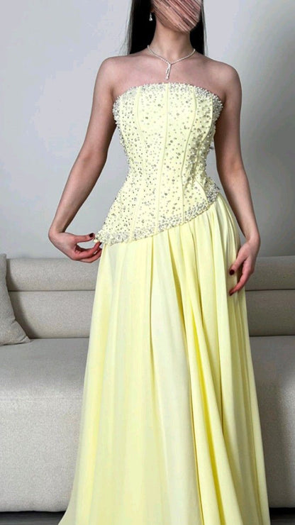 Dreamy A Line Strapless Yellow Chiffon Perfection-Formal Goals With Beading Long Prom Dress Evening Party Formal Outfits RB6698