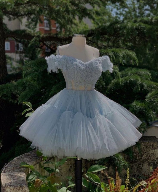 Fancy Ball Gown Off The Shoulder Light Sky Blue Tulle Mini Short Hoco 18th Birthday Dress Homecoming Dresses RB4124