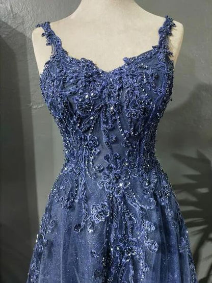 Modest A Line Spaghetti Strap Navy Blue Tulle Long Prom Dresses Graduation Dance Evening Outfits N048