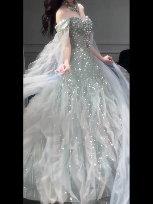 Glittery A line Off The Shoulder With Beads Sleeves Tiered Prom Dresses Inspiration Long Night Outfits 18th Birthday Outfits AB2224