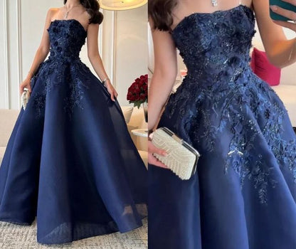Elegant Navy Blue Strapless Appliques A Line Prom Dress Evening Dress Vestidos De Dia AB512