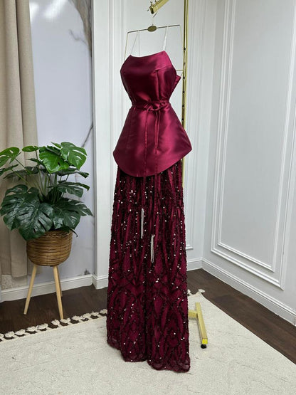 Vintage A Line Strapless Burgundy Satin Floor Length Prom Dress Lace Inspiration Long Prom Dresses B386