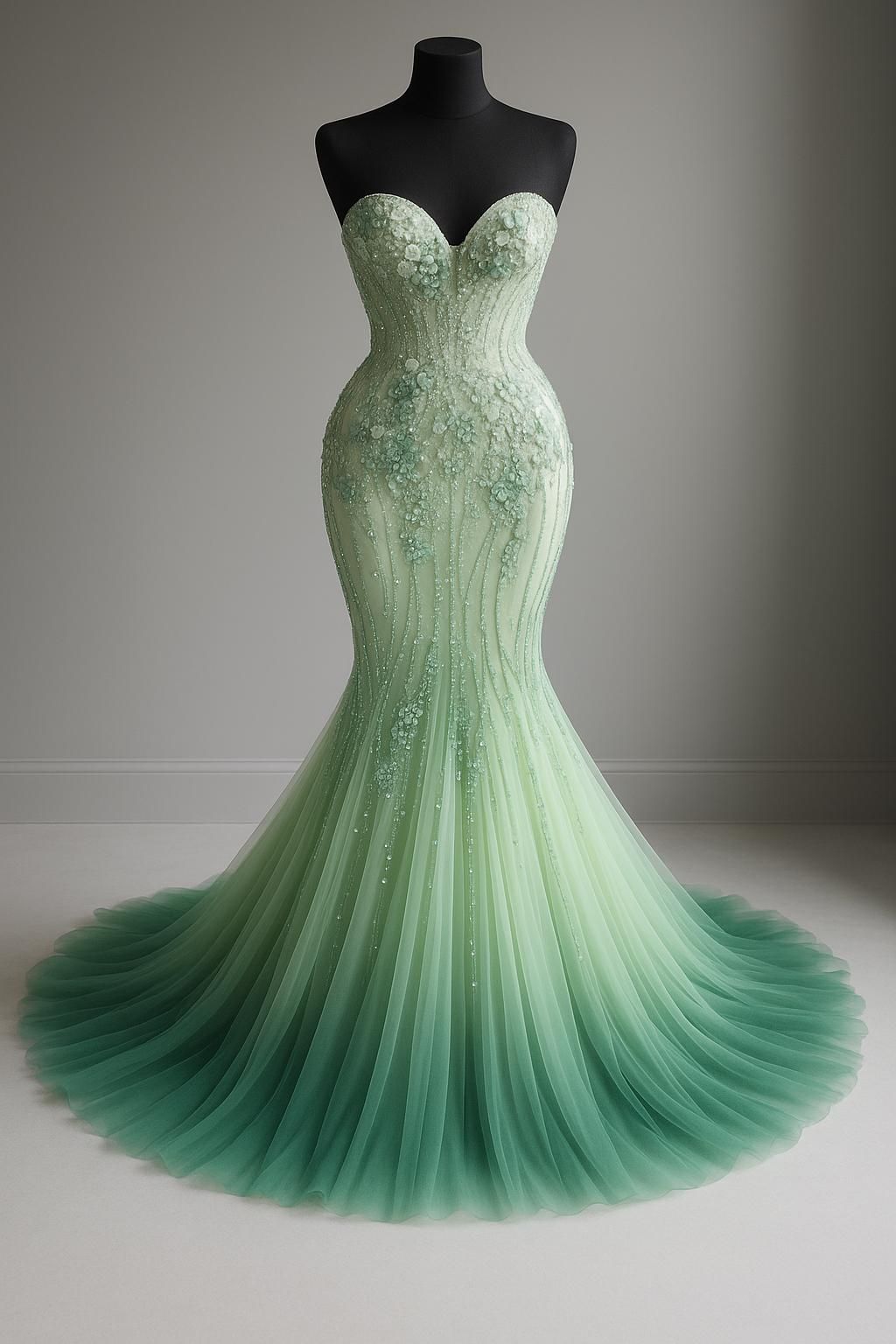 Vintage Mermaid Sweetheart Green Light Omre Tulle Flowers Prom Dresses Inspiration Long Party Dress Prom Gown AB109