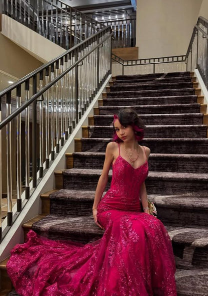 Sexy Mermaid Spaghetti Straps Hot Pink Lace Sequin Prom Dresses Long 18th Birthday Outfit High School Dance Party Dress RB1236