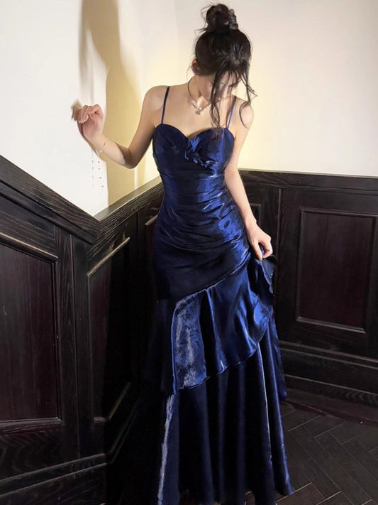 Elegant Mermaid Spaghetti Strap Long Satin Pleated Ruffles Royal Blue Prom Dresses Vestidos De Dia AB555