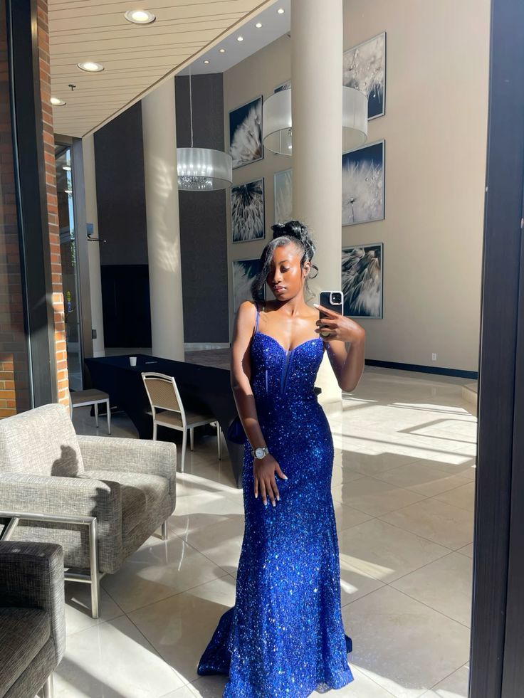 Elegant Mermaid Spaghetti Straps Royal Blue Sequins Long Floor Length Prom Dress Inspiration Prom Dresses AB111