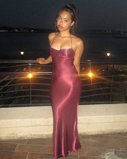 Sexy Mermaid Halter Burgundy With Beaded Inspo Formal Party Gowns Long Prom Dresses AB1745