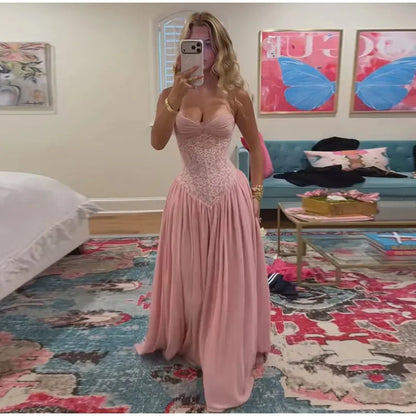 Princess A line Halter Lace Pink Chiffon Perfection-Formal Gown Goals Long Prom Dress Evening Party Formal Outfits RB6730