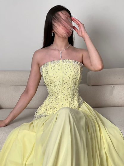Dreamy A Line Strapless Yellow Chiffon Perfection-Formal Goals With Beading Long Prom Dress Evening Party Formal Outfits RB6698