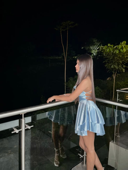 Minimalist A Line Spaghetti Strap Light Sky Blue Satin Semi-formal 12th Grad Inspo Short Mini Homecoming Dresses RB4571