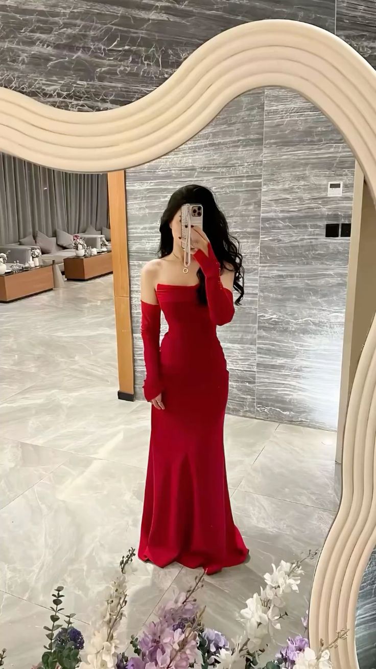 Modest Mermaid Strapless Red Satin With Sleeves Prom Dresses Party Dress 21st Birthday Outfits Graduation Dress AB1327