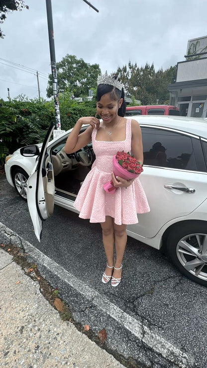 Sweet Ball Gown Square Neck Sequins Pink Sleeveless Short Mini 16th Birthday Dresses Hoco Outfits N1916
