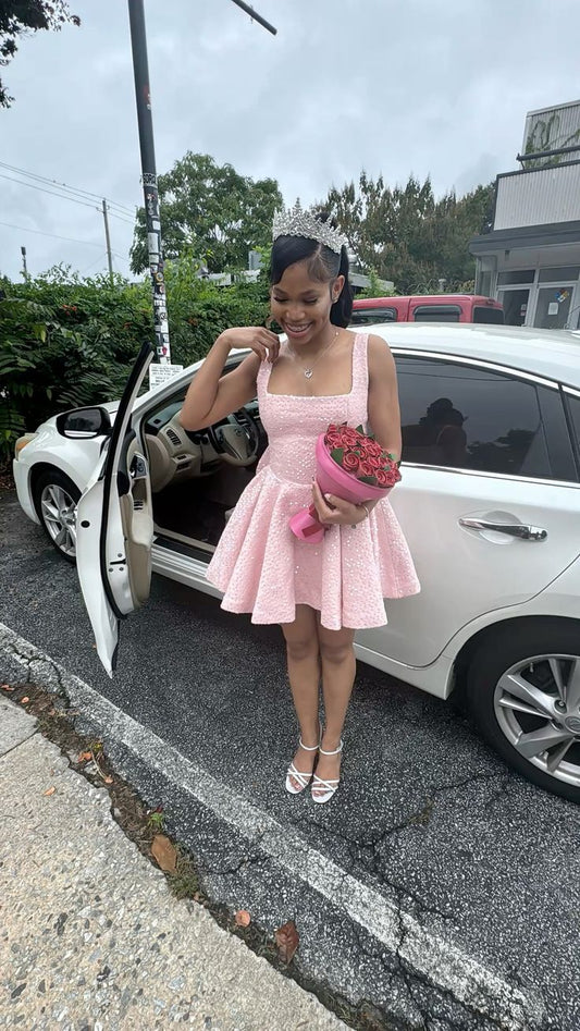 Sweet Ball Gown Square Neck Sequins Pink Sleeveless Short Mini 16th Birthday Dresses Hoco Outfits N1916