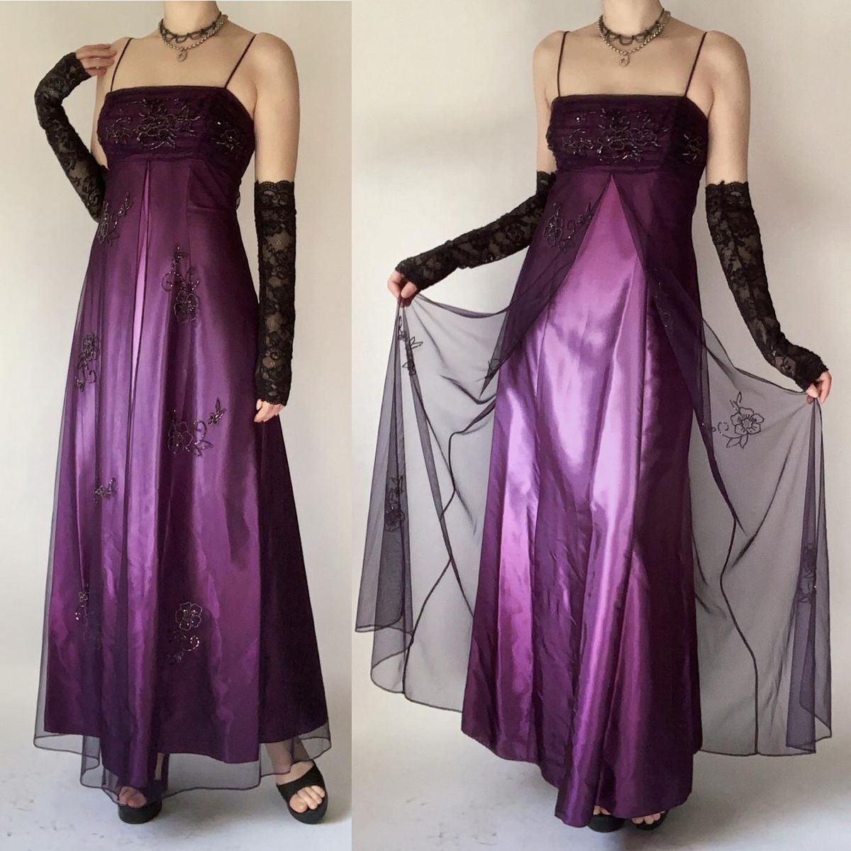Prom Dress A Line Spaghetti Straps Grape Satin Black Tulle Floor Length High School Graduation Party Dress RC1025