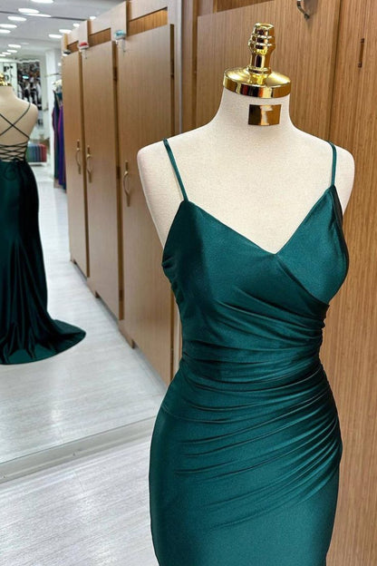 Shinning Mermaid Spaghetti Straps Dark Green Satin For Women Party Dresses Long Formal Prom Dress 22th Birthday Gown AB1362