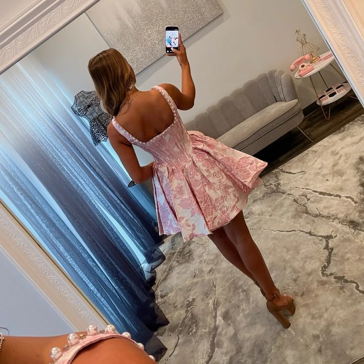 Floral Jacquard Corset Homecoming Dress with Pearls Birthday Cocktail Outfits RB8357