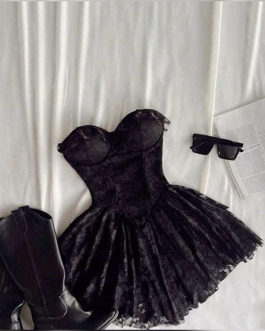Simple A Line Strapless Little Black Dress Lace Mini Homecoming Dresses High Shool Grad Hoco Outfits RB4568
