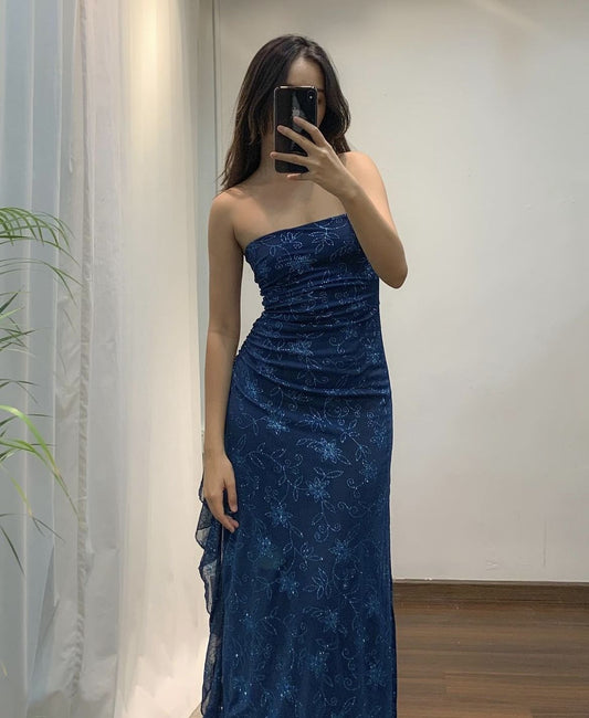 Sparkly Mermaid Strapless Royal Blue Lace Long Formal Gowns Prom Dresses  Evening Dress AB741