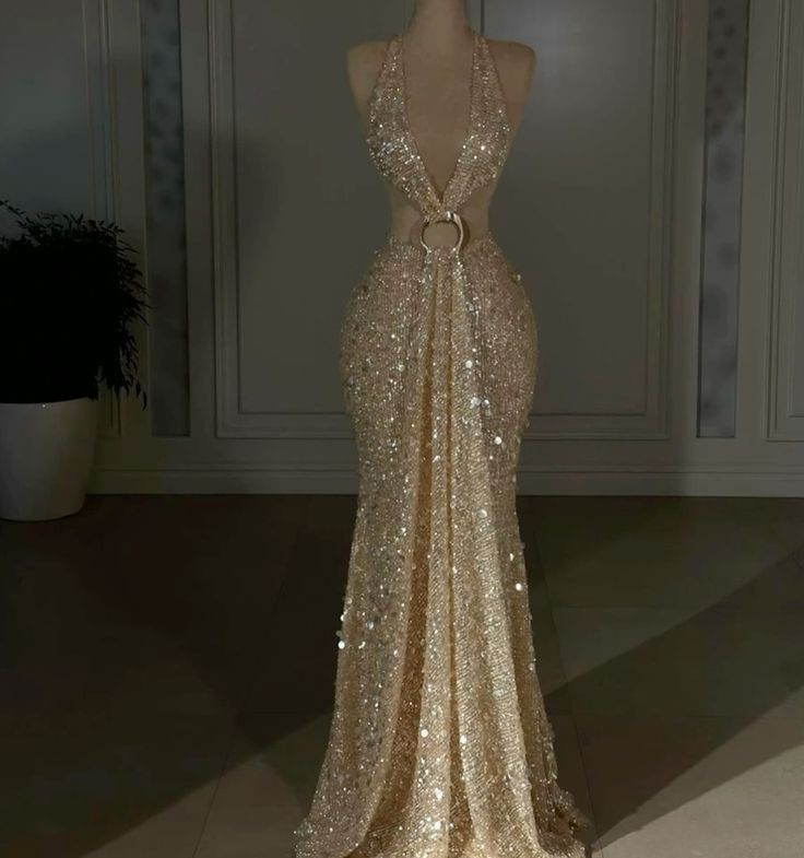 Sexy Mermaid Halter Sequins Gold Prom Dresses Inspiration Long Party Dress Prom Gown AB108