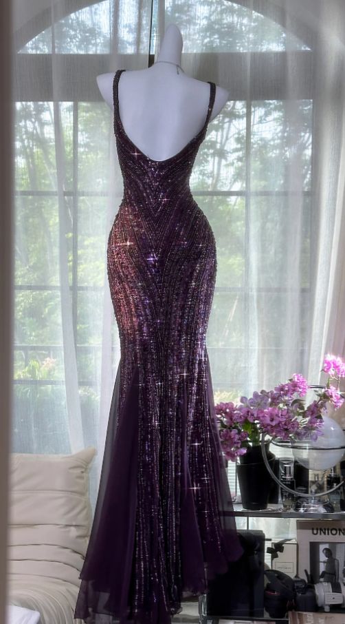 Vintage V Neck Dark Purple Chiffon Sequin Mermaid Long Party Gown Evening Dress 20th Birthday Outfits N875