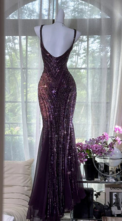 Vintage V Neck Dark Purple Chiffon Sequin Mermaid Long Party Gown Evening Dress 20th Birthday Outfits N875