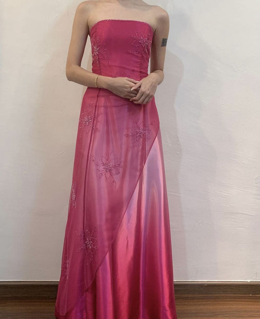 Sexy A Line Strapless Hot Pink Chiffon Beaded Prom Dresses Inspiration Party Dress Prom Gown AB104